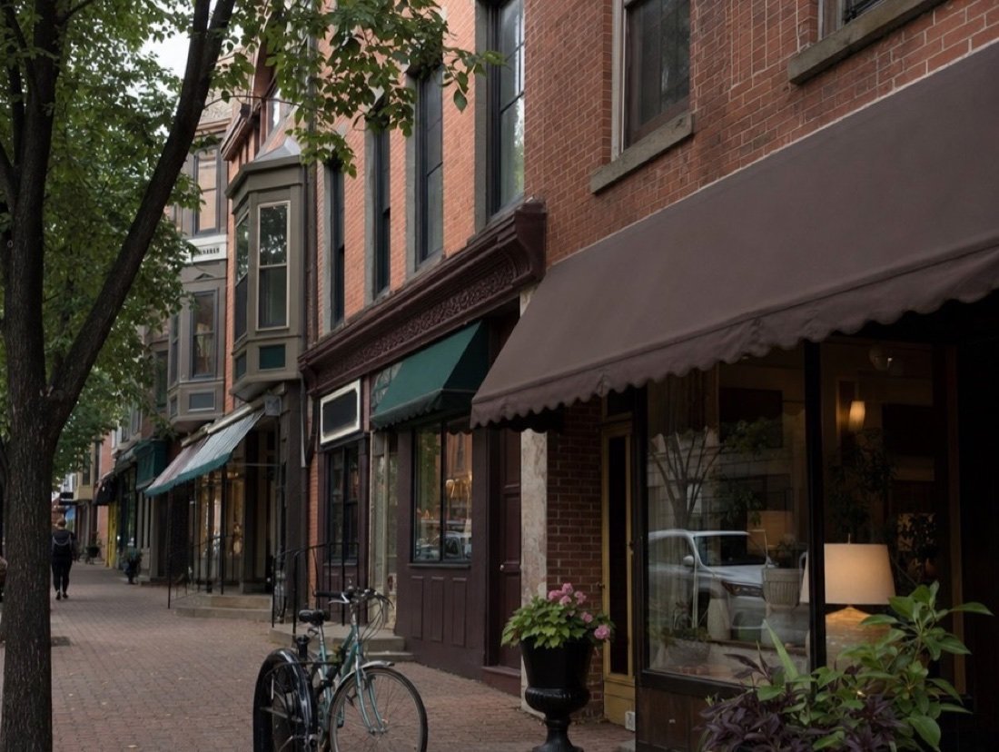 Older red-brick shopfronts under fabric awnings, flower planters, a young tree and a parked bicycle along the sidewalk