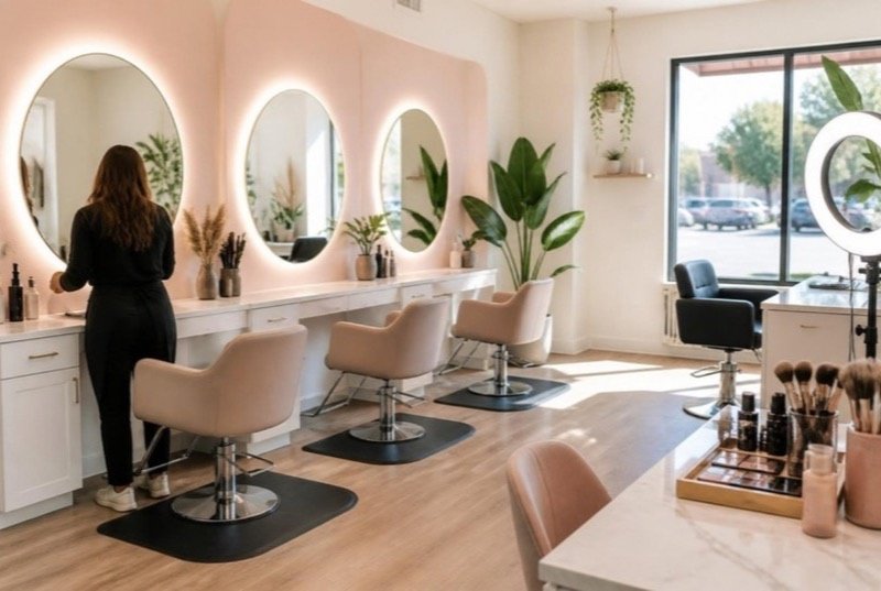 A bright salon with round backlit mirrors over three styling stations, a ring light at a brow and makeup station, no customers