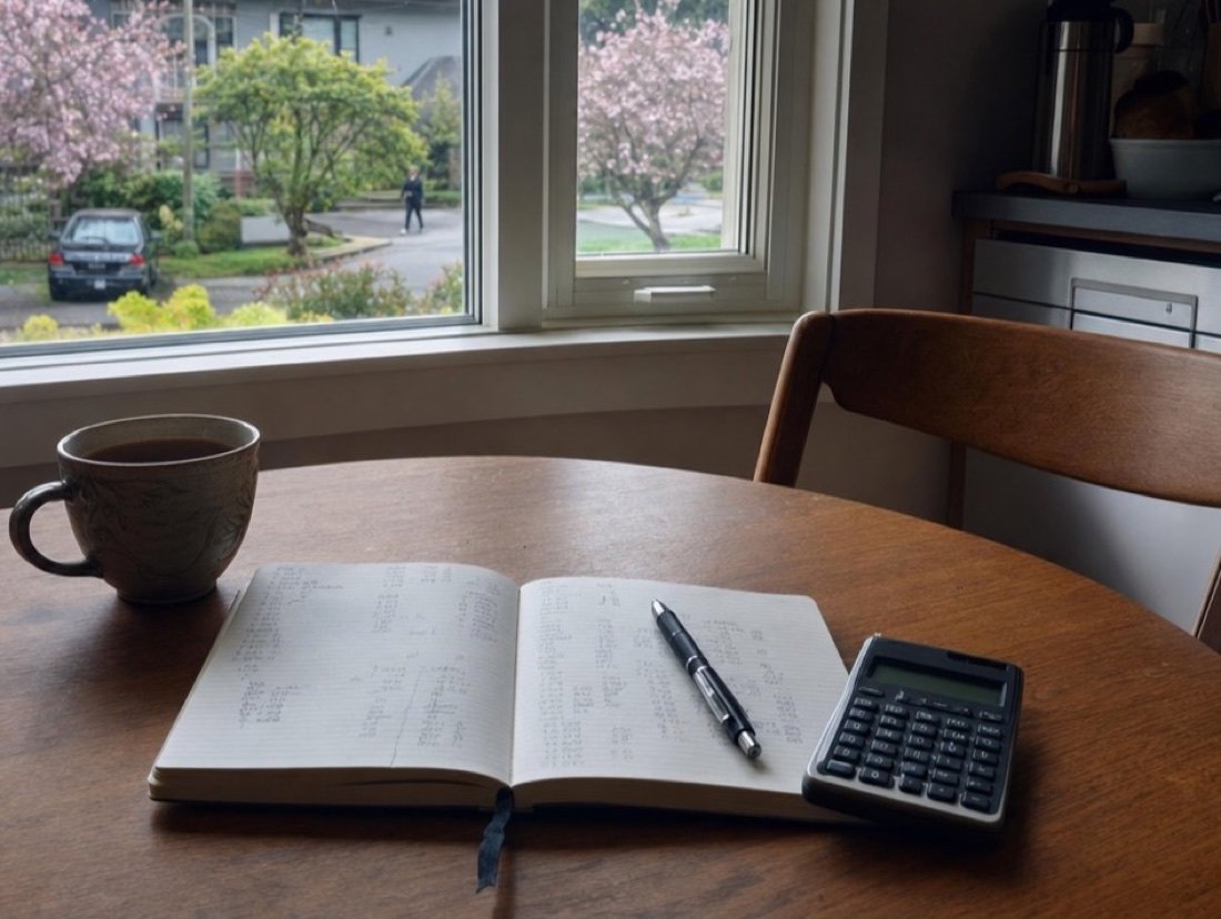 An open notebook of handwritten figures with a pen, a calculator and a mug on a round kitchen table by a window