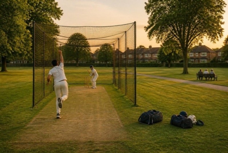 Two players at cricket practice nets in a flat suburban park on a summer evening, kit bags on the grass and maples beyond
