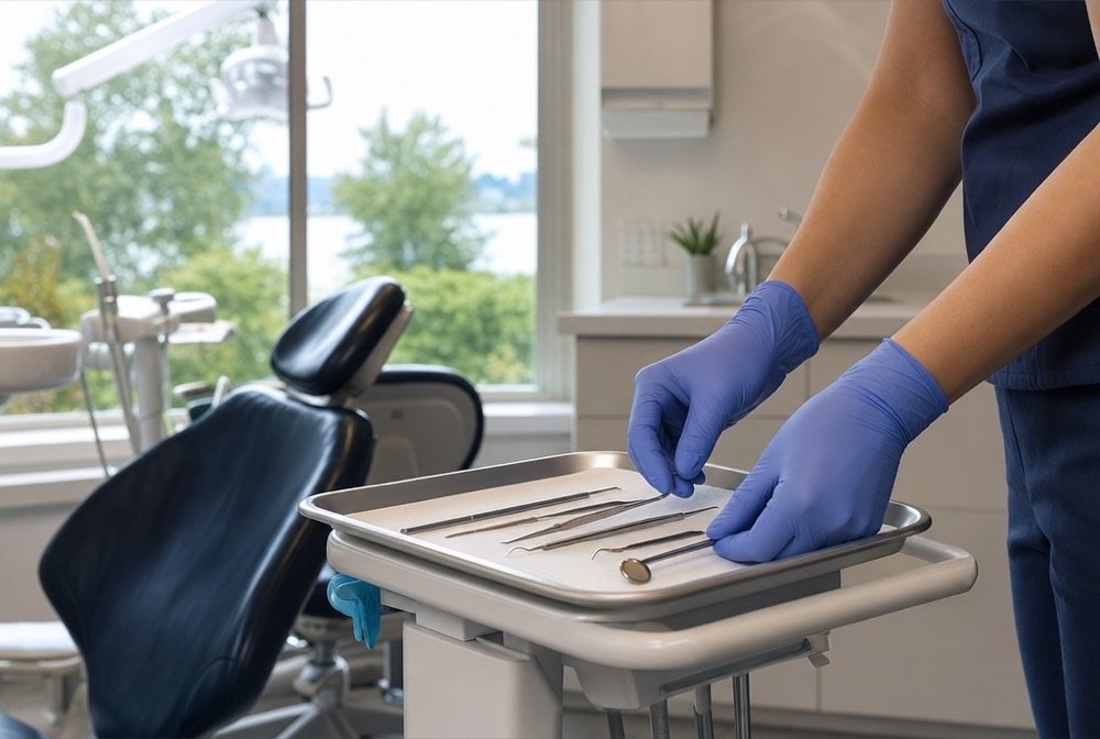 A dentist in gloves laying out tools on a tray next to the patient chair, trees visible through a large window