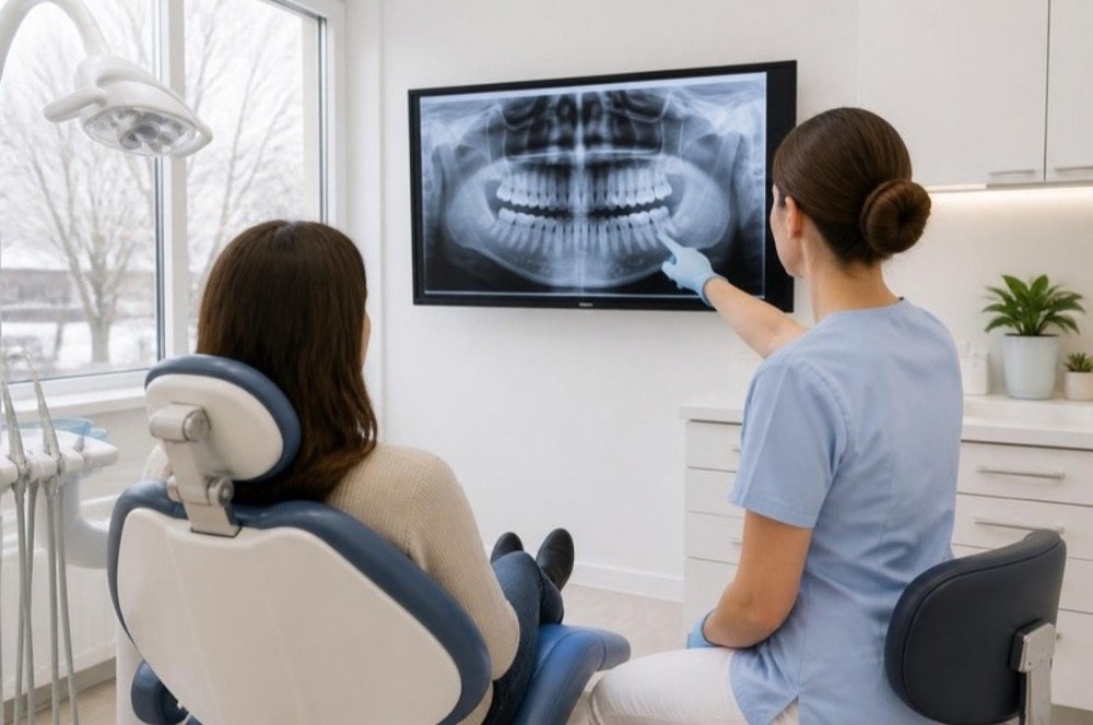 A dentist in a pale blue uniform showing a seated patient an X-ray image on a wall screen in a bright treatment room with winter trees outside