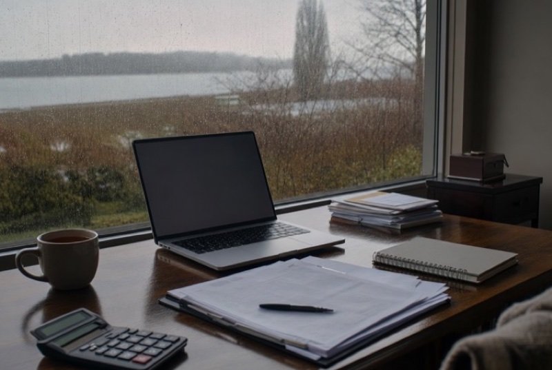 Sorted paperwork, a calculator, a laptop and a coffee mug on a desk, rain running down the window