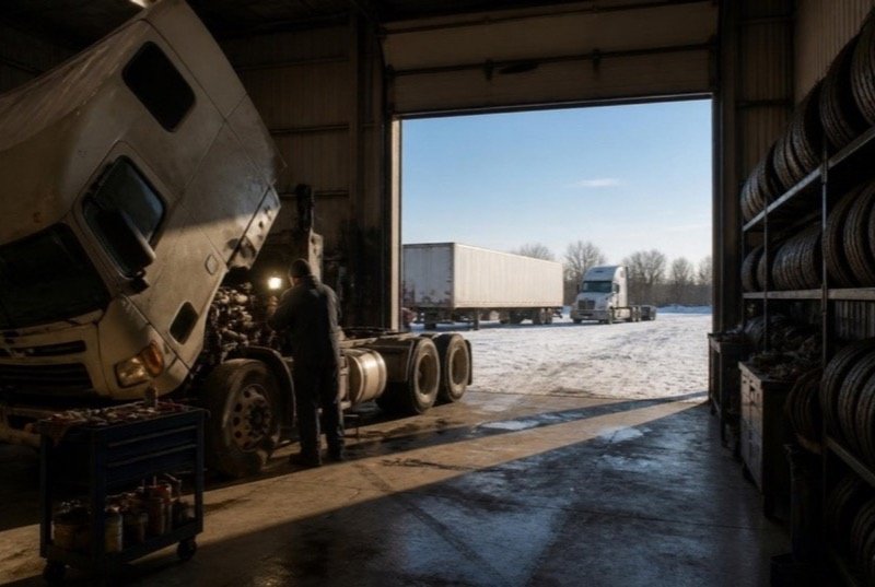 A tractor unit with its cab tilted forward in a heavy-truck repair bay, a technician holding a work light beside tire racks