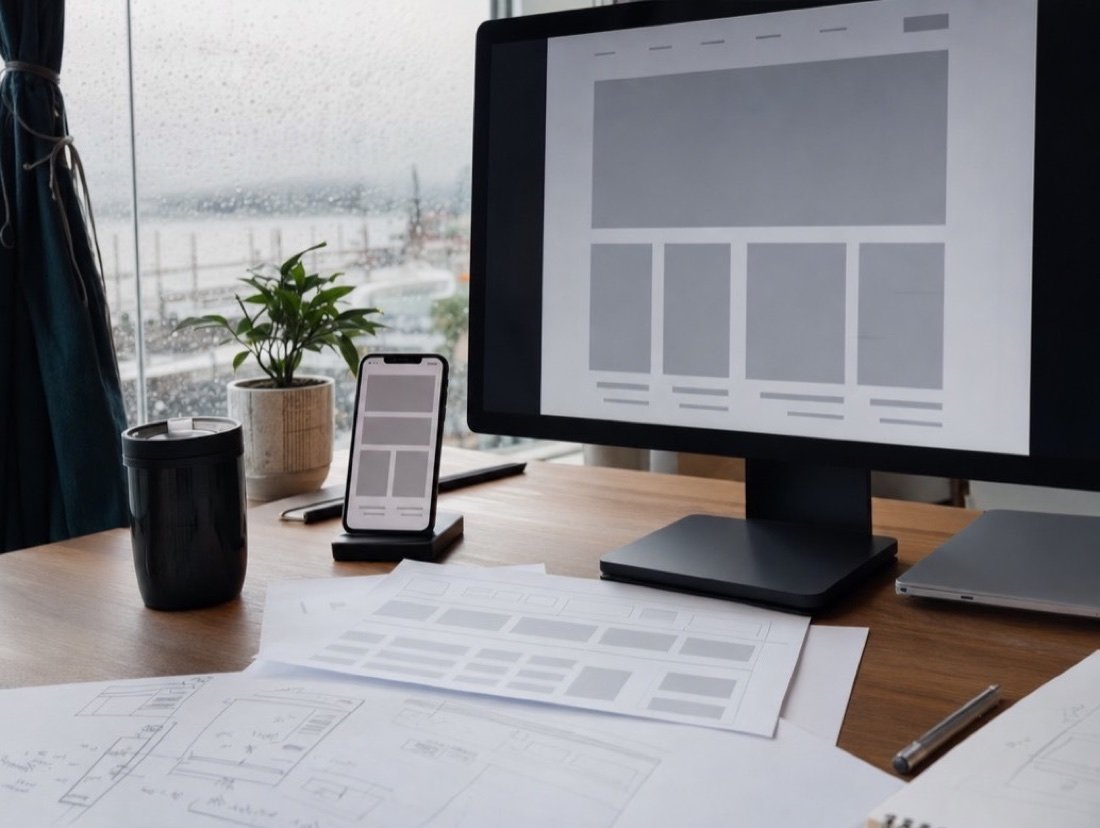 Wireframe layouts open on a desktop screen and a phone, paper sketches beside them and rain against the glass