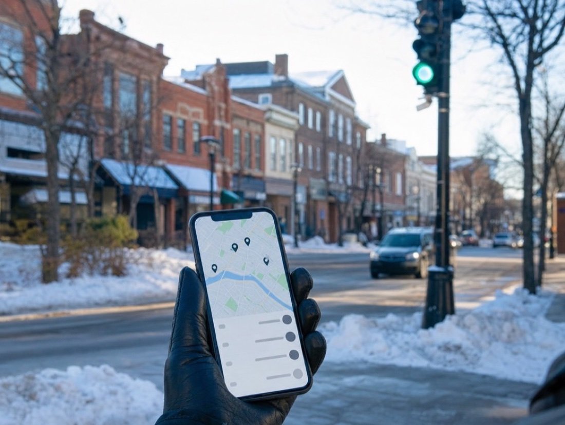 A gloved hand holding up a phone showing map pins, red-brick storefronts, snowbanks and a traffic light behind