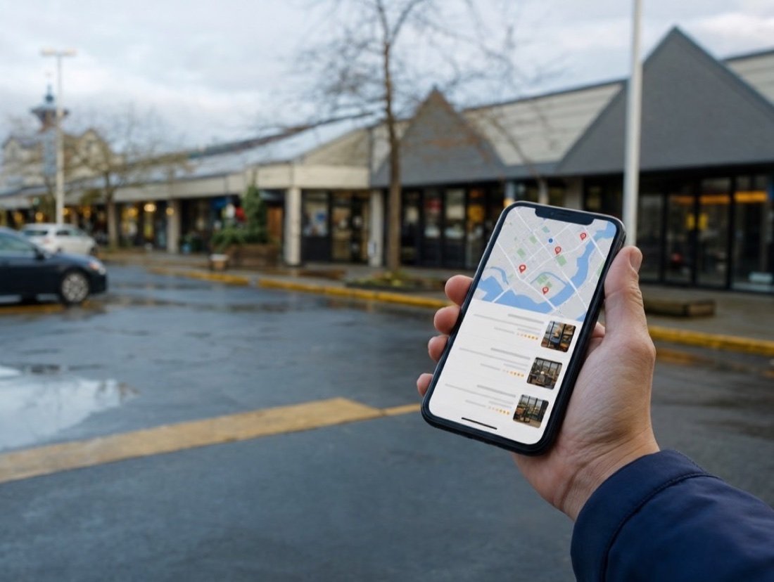 A hand raising a phone with map results in a wet plaza parking lot, low storefronts and bare trees out of focus