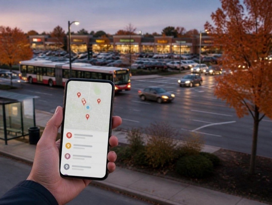 Map results on a smartphone held up near a busy intersection, a row of lit plaza shops and an articulated bus blurred behind