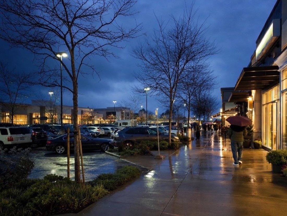 A shopping plaza at dusk after rain, shop windows lit along a wet sidewalk, bare trees and a parking lot full of cars