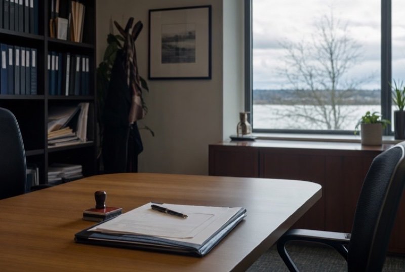 A folder of documents, a pen and a stamp on a wooden meeting table, shelves of binders and a window behind