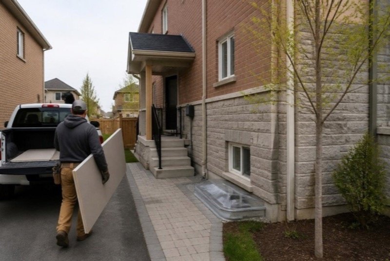 A new side entrance with steps down to a basement door at a brick-and-stone house, a contractor carrying drywall from a pickup