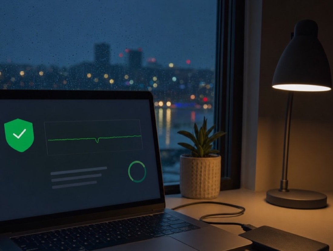 A laptop showing a security shield and an uptime line next to a backup drive and desk lamp, city lights blurred at night
