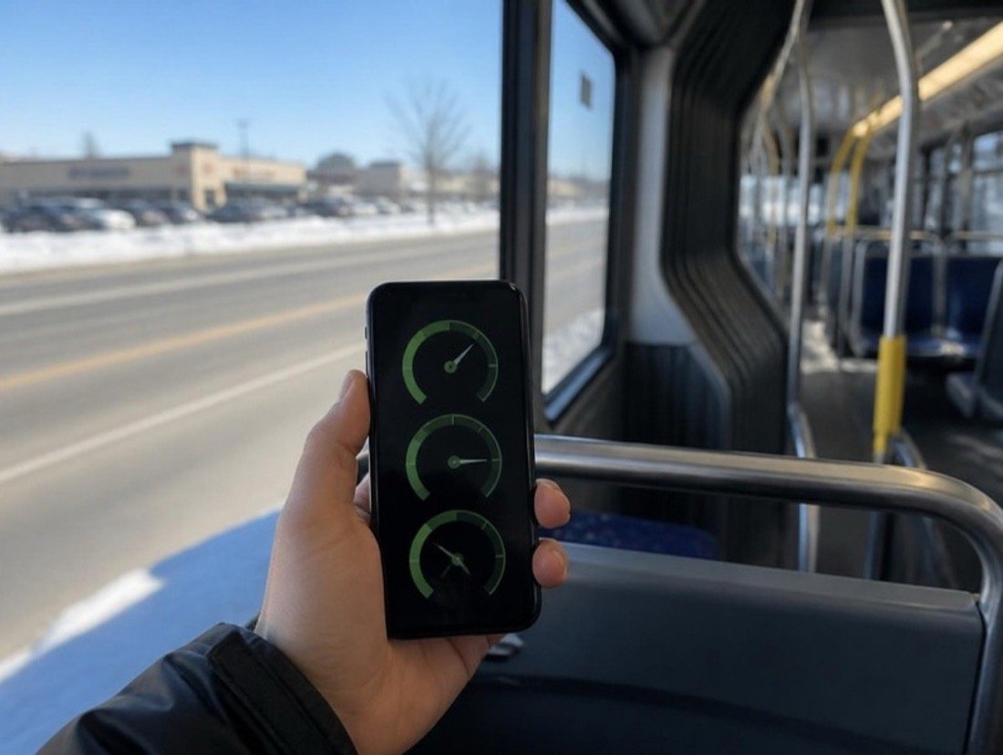 Three green speed dials on a smartphone held up inside a rapid-transit bus, snowbanks and a wide road blurred past the window