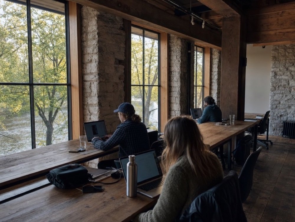 A small team at laptops along a long wooden table in a bright room with fieldstone walls, timber beams and tall windows