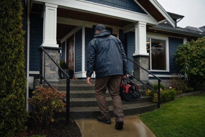 A tradesperson in a rain jacket climbing the front steps of a house with a tool bag on a wet day, seen from behind