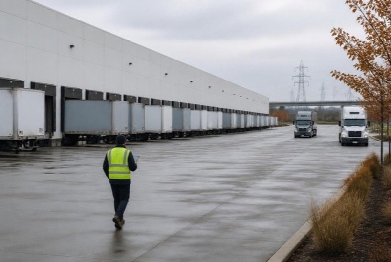 Plain tractor-trailers backed into the docks of a large distribution centre on an overcast autumn morning, a driver walking with a tablet