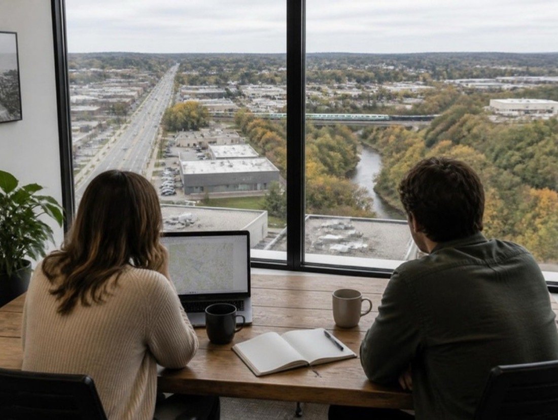 Two people at a table with a laptop and notebook, seen from behind, looking out over rooftops and a wooded creek valley in autumn