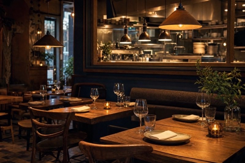 A small restaurant in warm light with wooden tables laid for dinner, pendant lamps and an open kitchen behind a long window