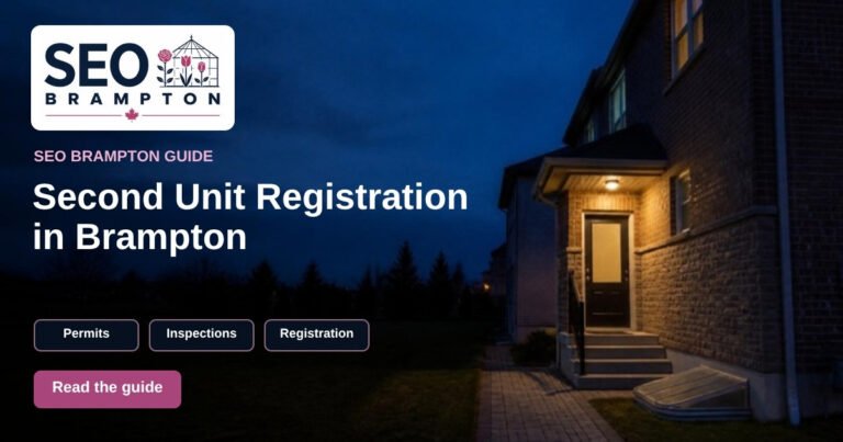 Graphic: “Second Unit Registration in Brampton”, with a new side entrance to a basement unit on a brick house
