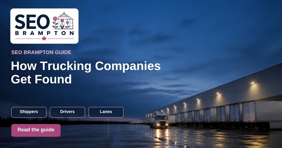 Graphic: “How Trucking Companies Get Found”, with tractor-trailers backed into distribution-centre docks