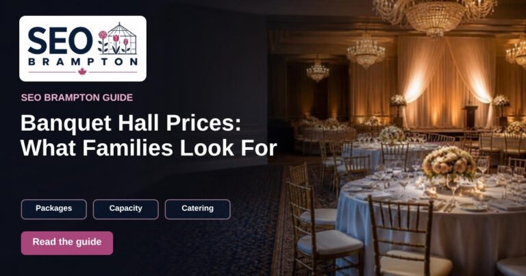 Graphic: “Banquet Hall Prices: What Families Look For”, with round tables set for a reception in a warmly lit hall