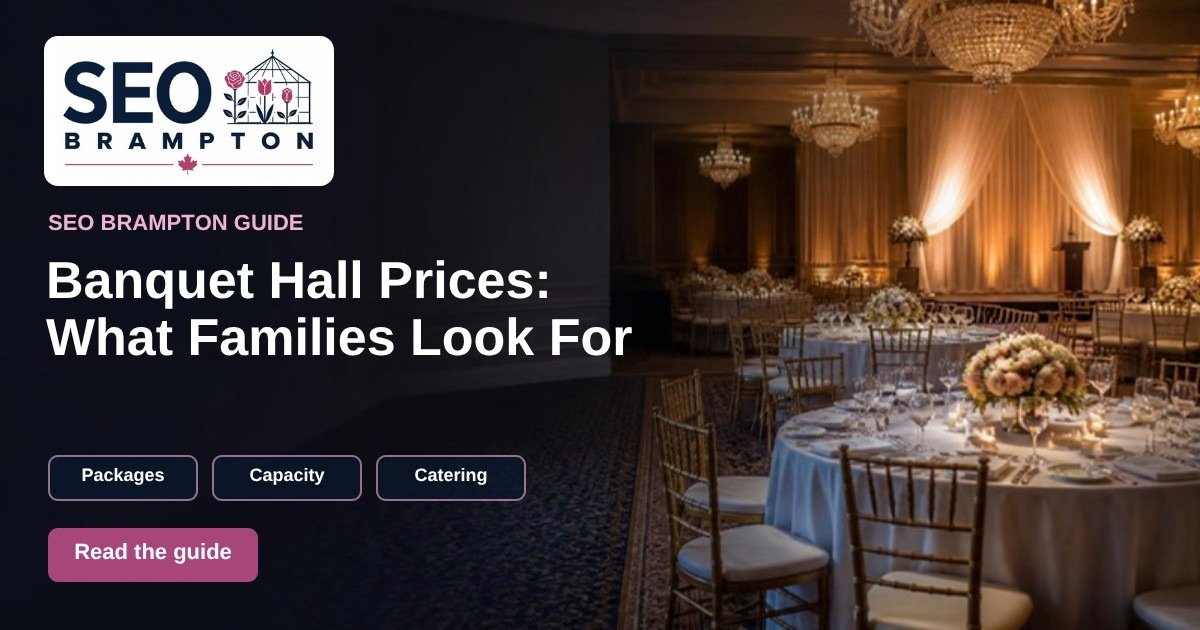 Graphic: “Banquet Hall Prices: What Families Look For”, with round tables set for a reception in a warmly lit hall